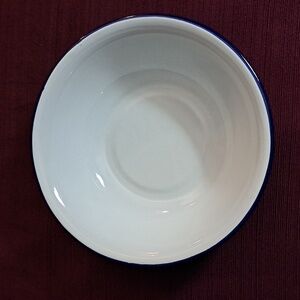 Enamel Bowl 8 1/2" Round White with Dark Blue Trim